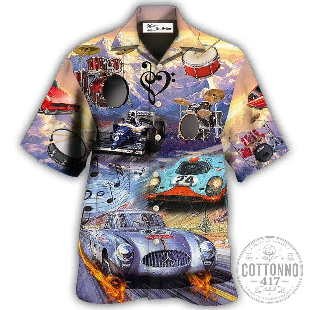 Racing Cars and Drum Sets Music Lover Hawaiian Shirt