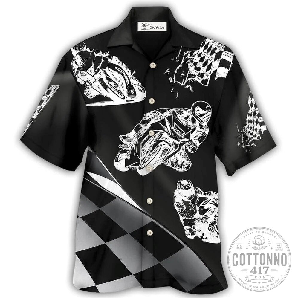Motorcycle Racing Checkered Flag Black and White Hawaiian Shirt
