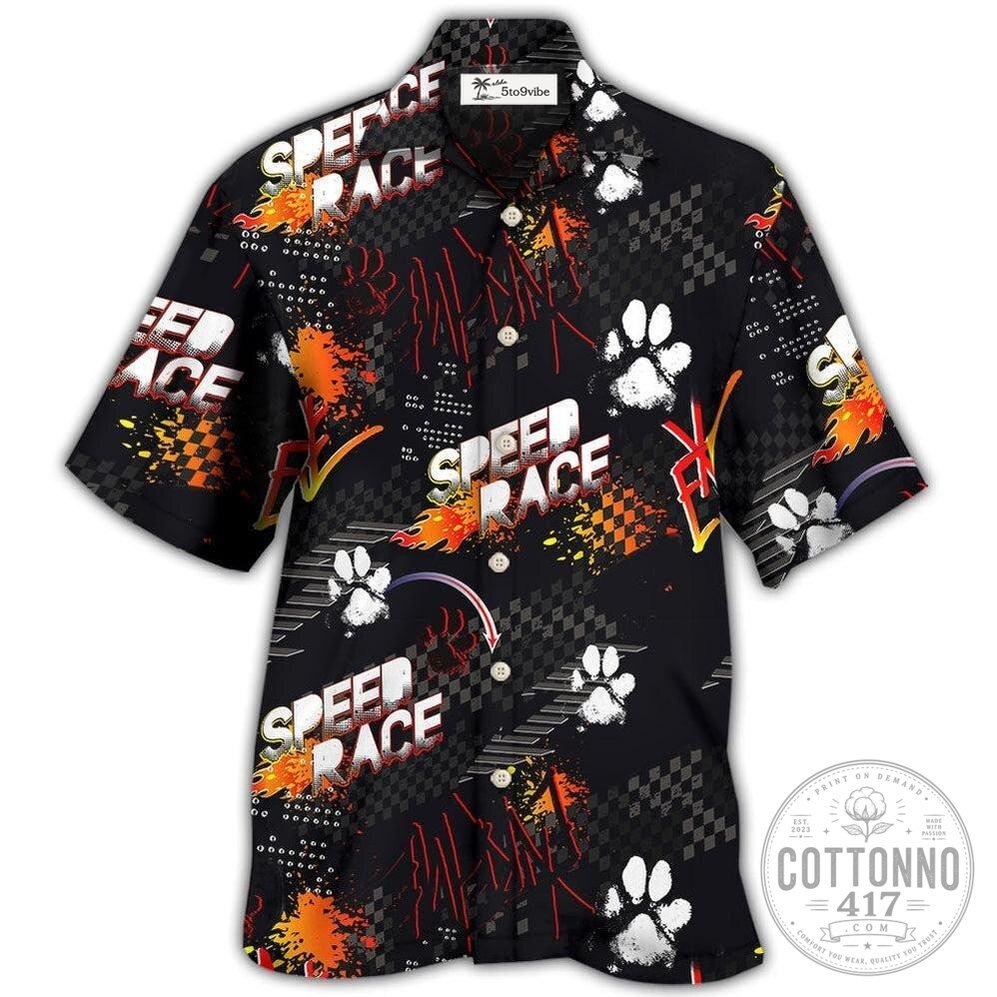 Speed Race Checkered Flag Dog Paw Print Hawaiian Shirt