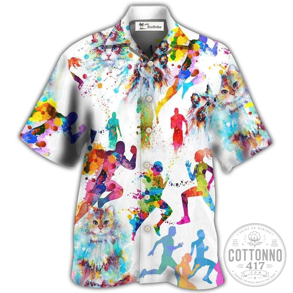 Watercolor Running Cats And Runners Hawaiian Shirt