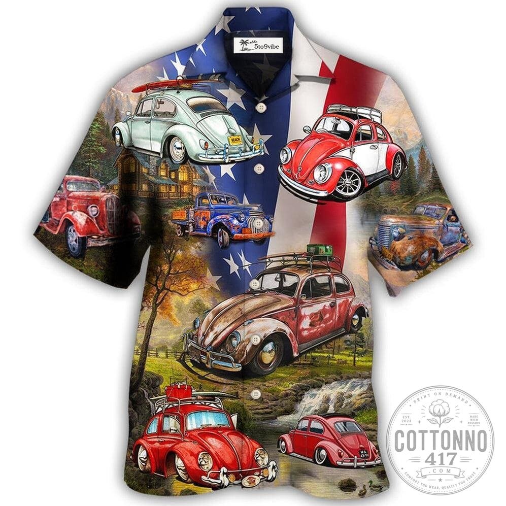Vintage Volkswagen Beetle Cars Independence Day American Flag Hawaiian Shirt 1 Vintage Volkswagen Beetle Cars Independence Day American Flag Hawaiian Shirt