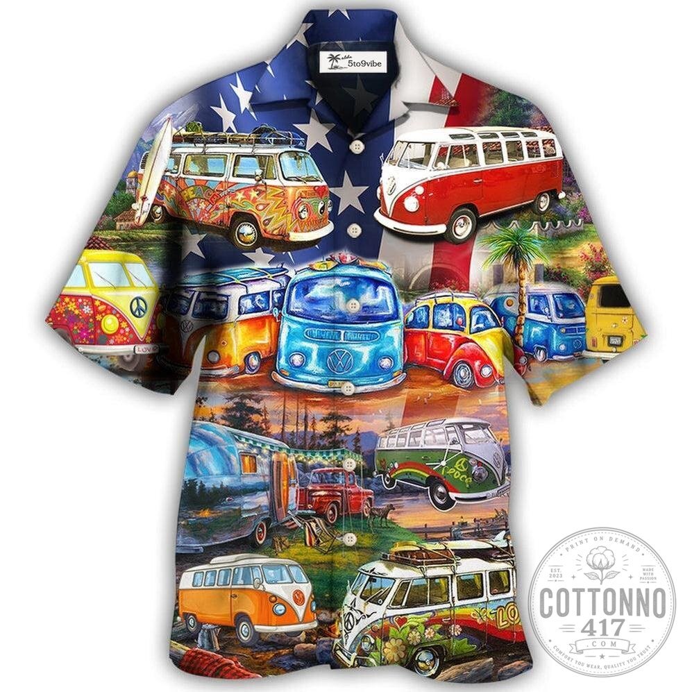 Vintage Volkswagen Van Camping American Flag Independence Day Hawaiian Shirt